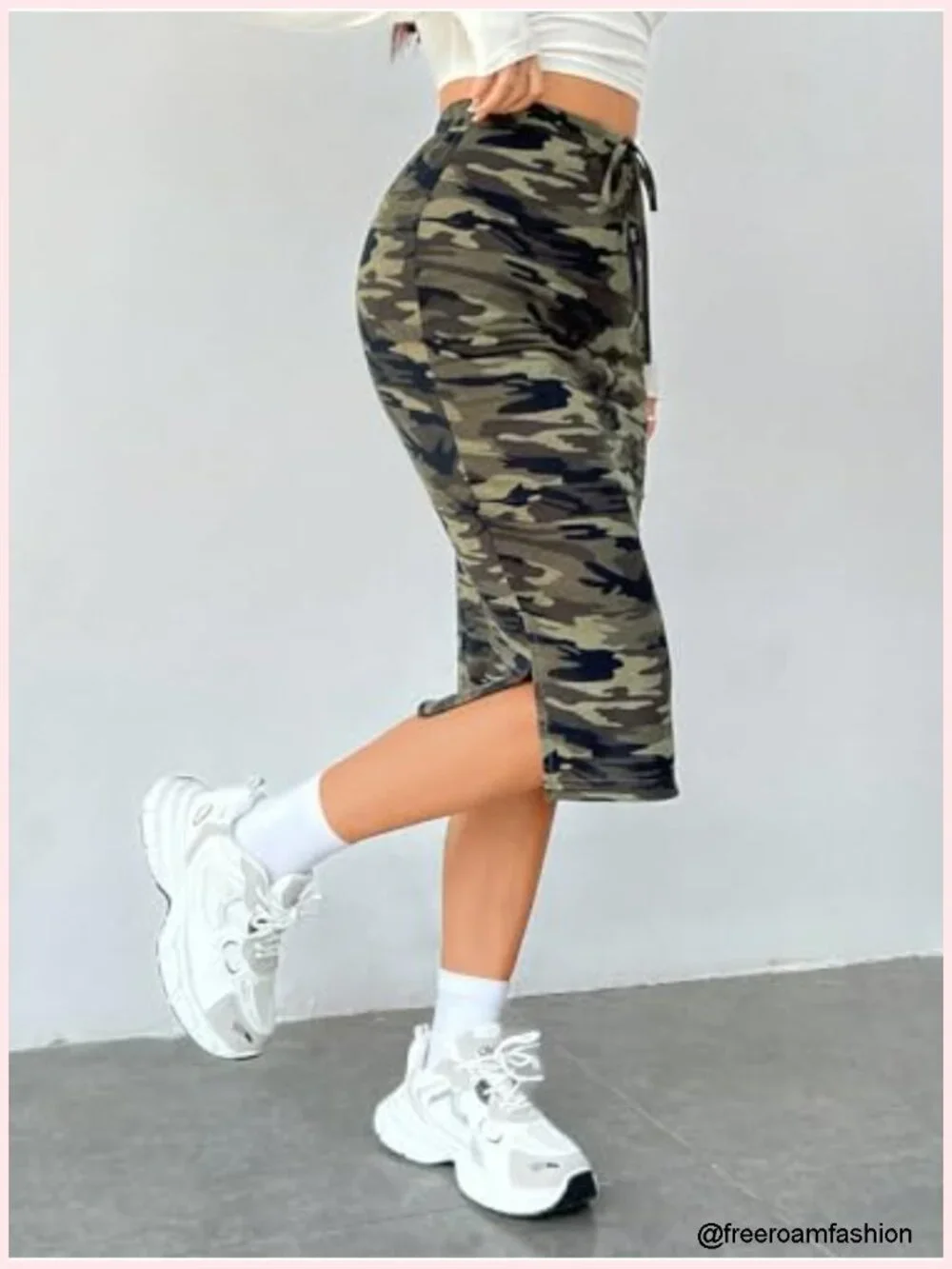 Women's High Waist Camo Print Pencil Skirt Drawstring Tie Side Split